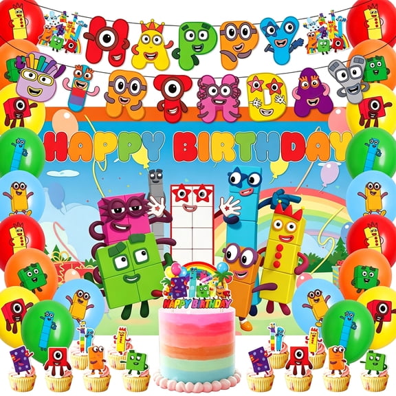 Building Blocks Theme Birthday Party Decorations Set - Number Banner Cake Toppers Balloons and Spiral Hanging Ornaments for Kids First Second Third Celebration Supplies