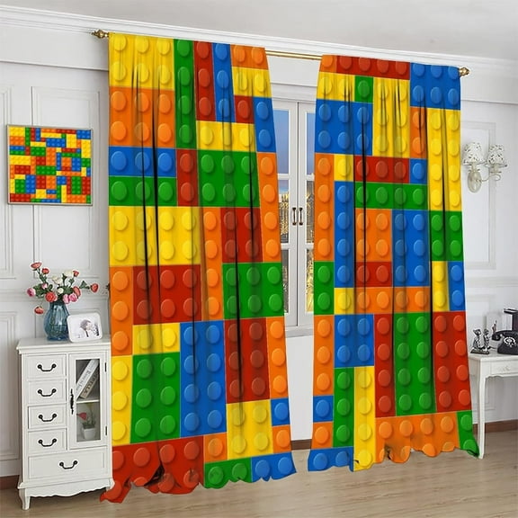 Building Blocks Toy Curtains, Abstract Colorful Plastic Brick Geometric Print Pattern Window Treatment Drapes for Boy Girl Bedroom Playroom 26"W x 54"L (Pack of 2)