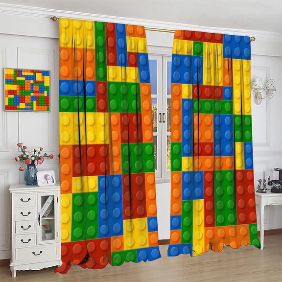 Building Blocks Toy Curtains, Abstract Colorful Plastic Brick Geometric Print Pattern Window Treatment Drapes for Boy Girl Bedroom Playroom 42"W x 84"L (Pack of 2)