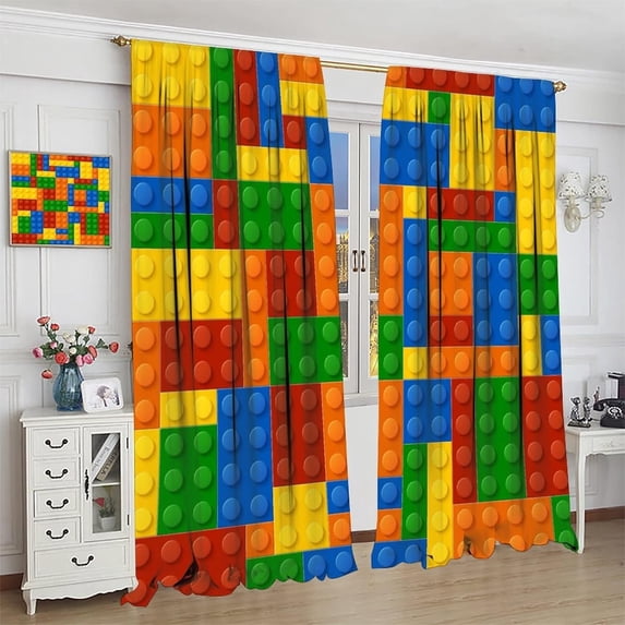 Building Blocks Toy Curtains, Abstract Colorful Plastic Brick Geometric Print Pattern Window Treatment Drapes for Boy Girl Bedroom Playroom 53"W x 63"L (Pack of 2)