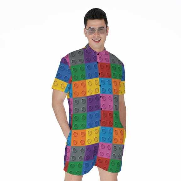 Building Blocks Toy Pattern Short Sleeve Men'S Rompers Casual Summer Jumpsuits Outfit