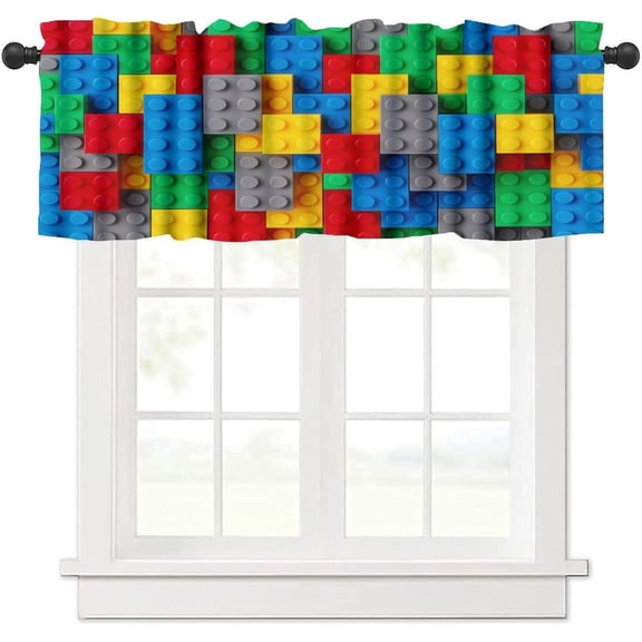 Building Blocks Valance Curtain Themed Digital Design Toy Dotted Matching Rectangles Print Rod Pocket Valance Window Treatments Short Curtains for Kitchen Living Room Decor 54x18inch
