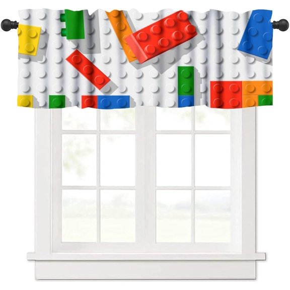 Building Blocks Valance Curtain Themed Digital Design Toy Dotted Matching Rectangles Print Rod Pocket Valance Window Treatments Short Curtains for Kitchen Living Room Decor 54x18inch