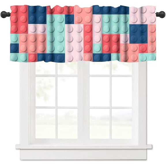 Building Blocks Valance Curtain Themed Digital Design Toy Dotted Matching Rectangles Print Rod Pocket Valance Window Treatments Short Curtains for Kitchen Living Room Decor 54x18inch
