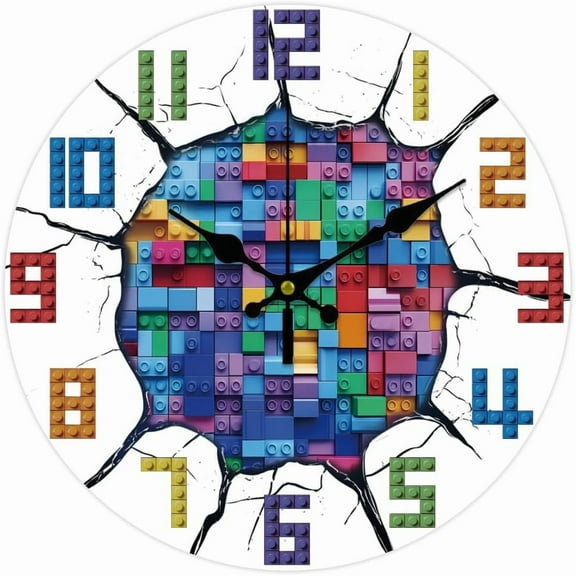 Building Blocks Wall Clock Non-Ticking Clock 12 Inch Cracks Round Decorative Clocks Printed Wall Clocks