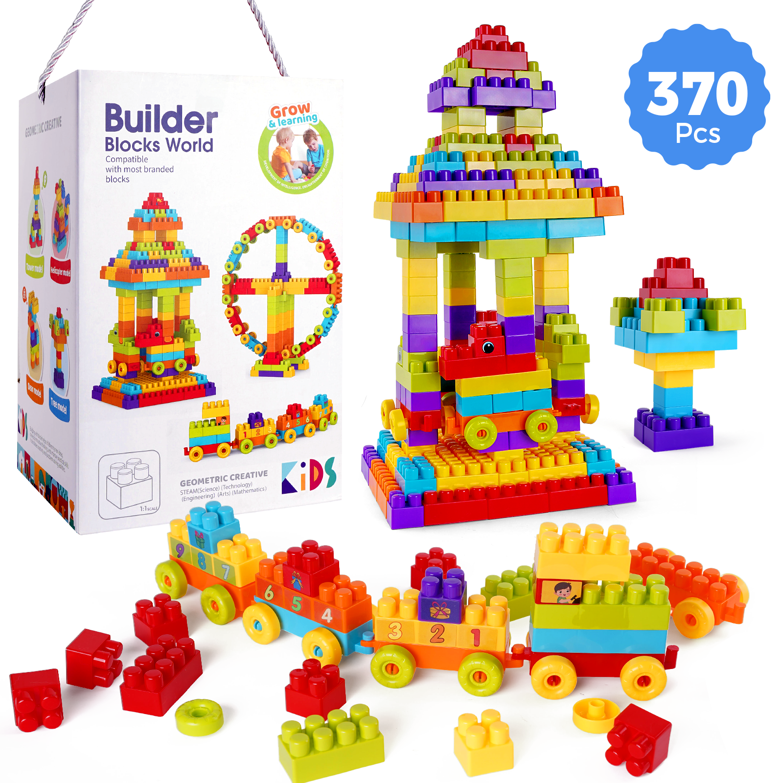 Building Blocks for Kids Toddlers, 370 Pcs Large Classic Building Bricks Blocks Set, Basic STEM Toys Birthday Gift for Kids Age 3+