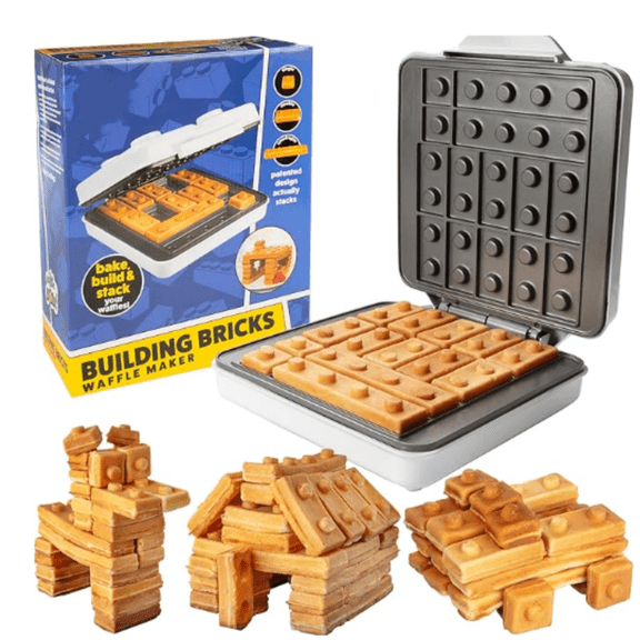 Building Brick Electric Waffle Maker- Cook Fun Buildable Holiday Waffles, Pancakes- Make Gingerbread Man Houses & Cars Out of Stackable Waffles- Bite Sized for Kids, Nonstick Iron w Recipes Xmas Gift