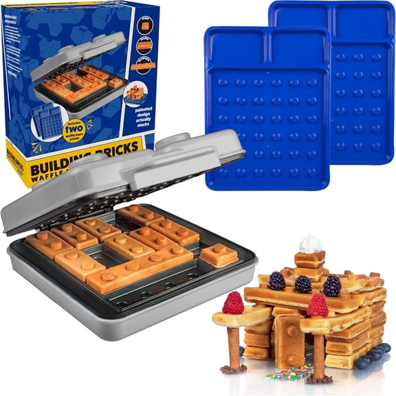 Building Brick Electric Waffle Maker- GREY with 2 Construction Eating Plates- Cook Fun Buildable Gingerbread Man Waffles in Minutes- Revolutionize Breakfast