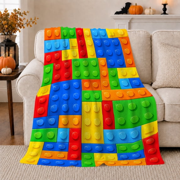 Building Bricks Construction Toy, Playful Artistic Scene, Warm Flannel Blanket for Living Room and Bedroom with Detailed Artwork, Art Lovers Housewarming Gift, Artistic Home Decor