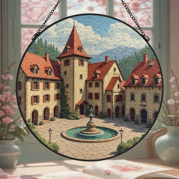 Building Castle Stained Glass Window Hanging 8 Inch Suncatcher Glass Panel with Chain Round Sun Catchers Indoor Wall Art Home Decor Gift for Lovers Couples Women Mother's Day