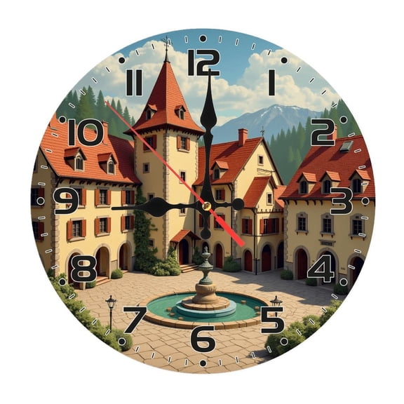 Building Castle Wall Clock 10 Inch Silent Non Ticking Round Clock Decoration for Living Room Kitchen Bedroom Bathroom Office Classroom