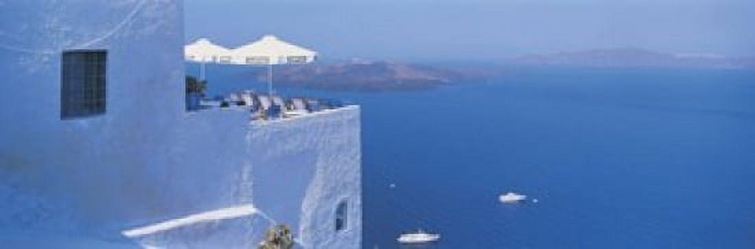 Building On Water Boats Fira Santorini Island Greece Canvas Art - Panoramic Images (18 x 6)