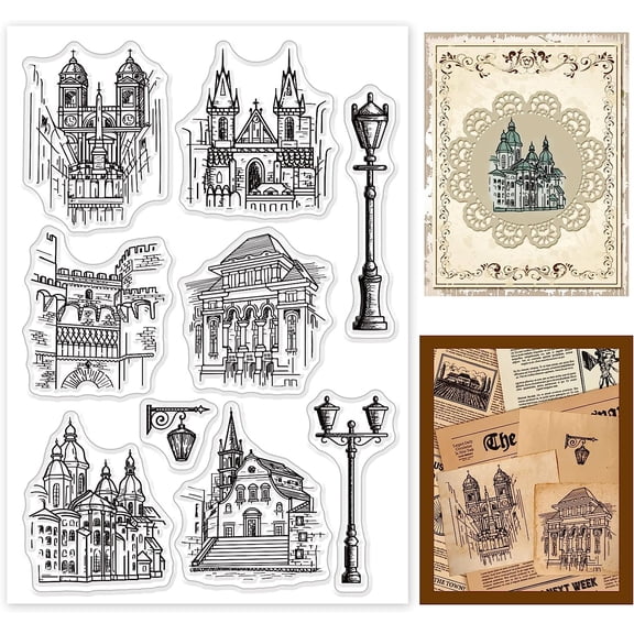 Building Pattern Transparent Stamp Street Light Transparent PVC Seal Stamp for Card Making DIY Scrapbooking 6.3x4.3 3mm Thick DIY