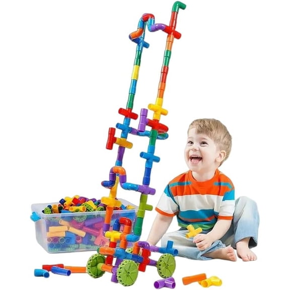Building Toy for Toddlers 76Pieces Tube Pipe Toy, Classic Brick Box Building Blocks, with Storage Box, Interactive Building Toy Vibrant & Colorful Design for Son and Daughter