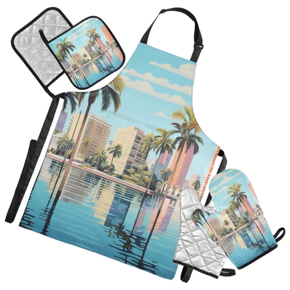 Building Tree Lack 5 Pcs Kitchen Set Heat Resistant Oven Mitts and Non-Slip Pot Holders with Adjustable Cooking Apron