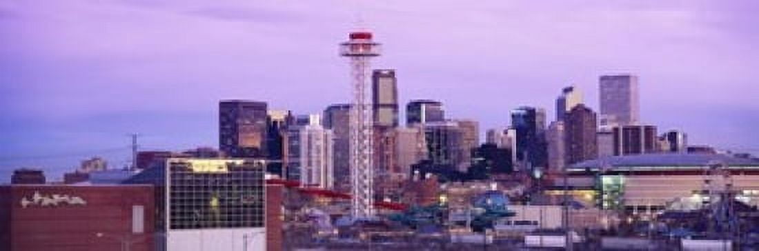 Building lit up at dusk Denver Colorado USA Canvas Art - Panoramic Images (18 x 6)