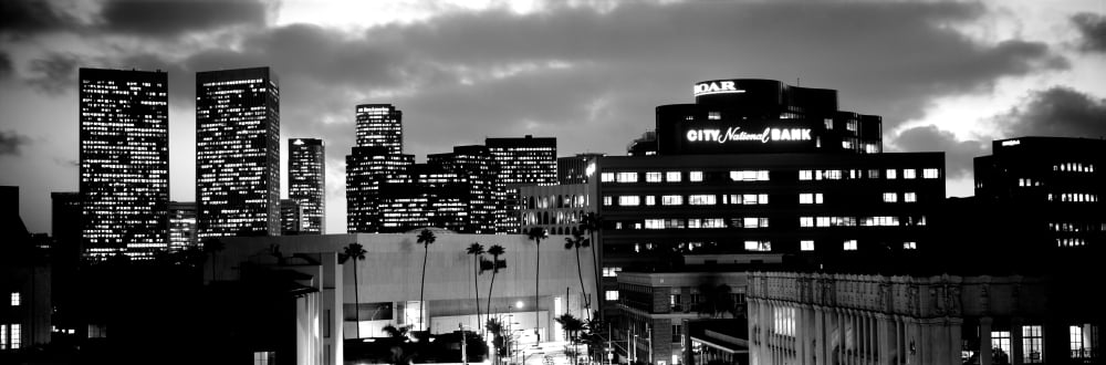 Building lit up at night in a city Century City Beverly Hills City of Los Angeles California USA Canvas Art - Panoramic Images (6 x 18)