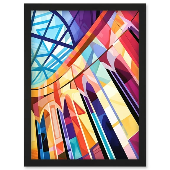Building with Glass Roof Modern Art Deco Colour Block Modern Watercolour Painting Artwork Framed Wall Art Print A4
