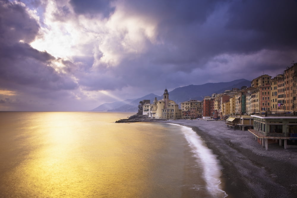 Buildings Along The Coast At Sunset Camogli Liguria Italy Canvas Art - David DuChemin Design Pics (19 x 12)