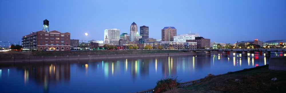 Buildings At The Waterfront Lit Up At Dawn Des Moines River Des Moines Iowa USA Canvas Art - Panoramic Images (36 x 12)