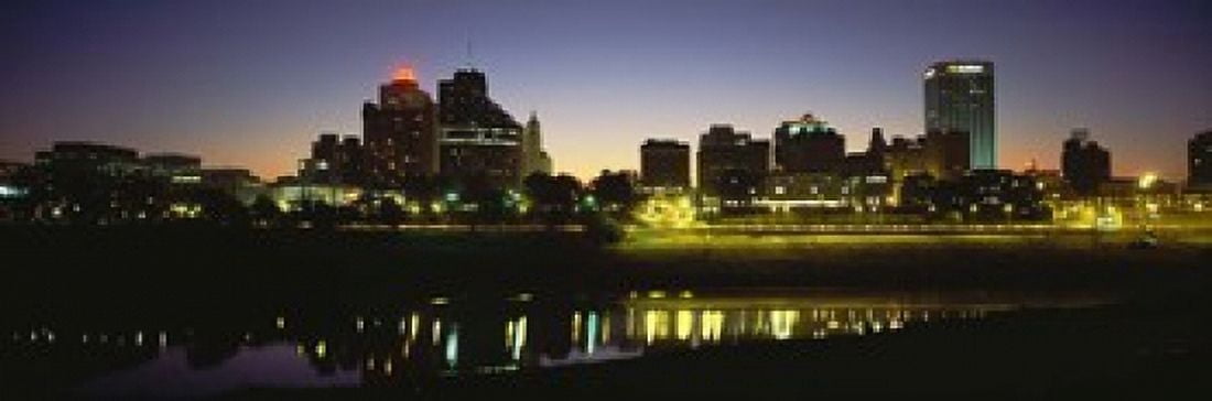 Buildings At The Waterfront Lit Up At Dawn Memphis Tennessee USA Canvas Art - Panoramic Images (18 x 6)