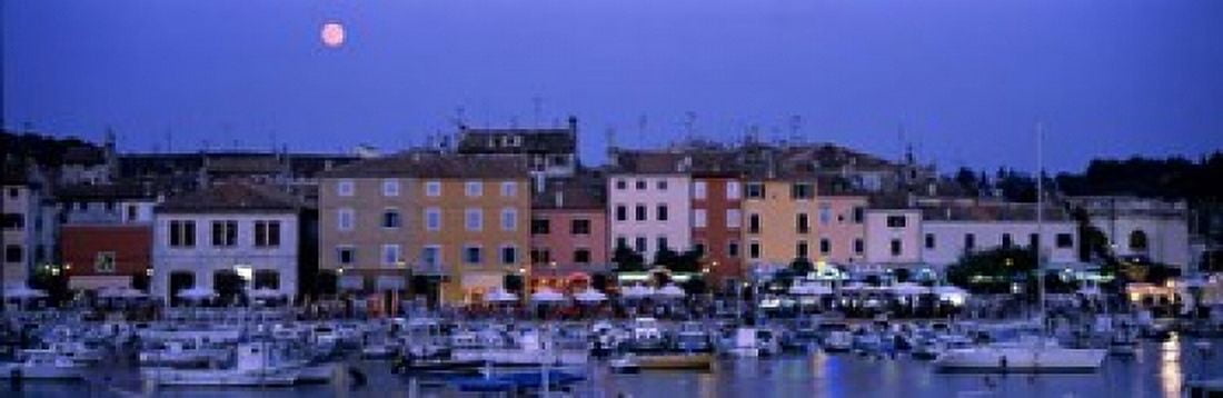 Buildings Evening Moonrise Rovinj Croatia Canvas Art - Panoramic Images (18 x 6)