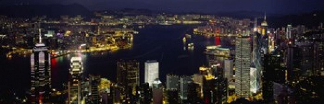 Buildings Illuminated At Night Hong Kong Canvas Art - Panoramic Images (18 x 6)