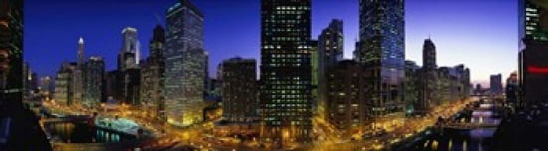 Buildings Lit Up At Dusk Chicago Illinois USA Canvas Art - Panoramic Images (21 x 6)
