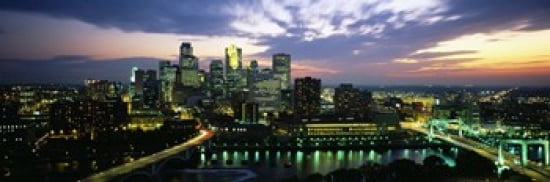Buildings Lit Up At Dusk Minneapolis Minnesota USA Canvas Art - Panoramic Images (36 x 12)