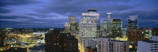 Buildings Lit Up At Dusk Minneapolis Minnesota USA Canvas Art - Panoramic Images (36 x 12)