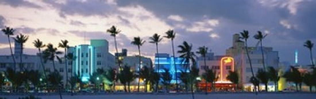 Buildings Lit Up At Dusk Ocean Drive Miami Beach Florida USA Canvas Art - Panoramic Images (18 x 6)