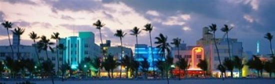 Buildings Lit Up At Dusk Ocean Drive Miami Beach Florida USA Canvas Art - Panoramic Images (36 x 12)