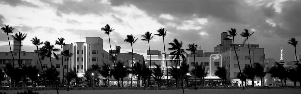 Buildings Lit Up At Dusk Ocean Drive Miami Beach Florida USA Canvas Art - Panoramic Images (6 x 18)