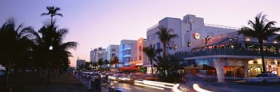 Buildings Lit Up At Dusk Ocean Drive Miami Florida USA Canvas Art - Panoramic Images (36 x 12)