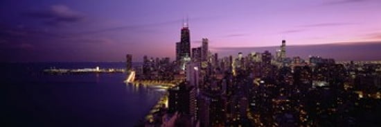 Buildings Lit Up At Night Chicago Illinois USA Canvas Art - Panoramic Images (36 x 12)