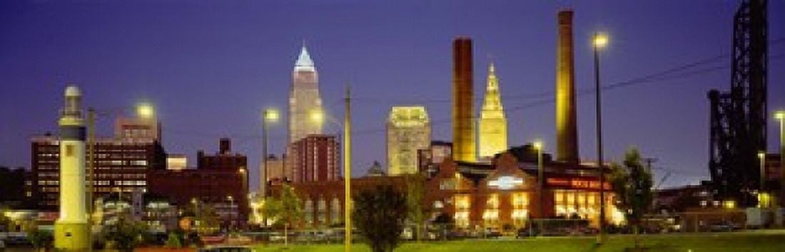 Buildings Lit Up At Night Cleveland Ohio USA Canvas Art - Panoramic Images (18 x 6)
