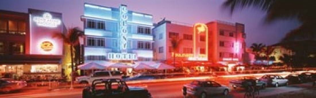 Buildings Lit Up At Night South Beach Miami Beach Florida USA Canvas Art - Panoramic Images (18 x 6)