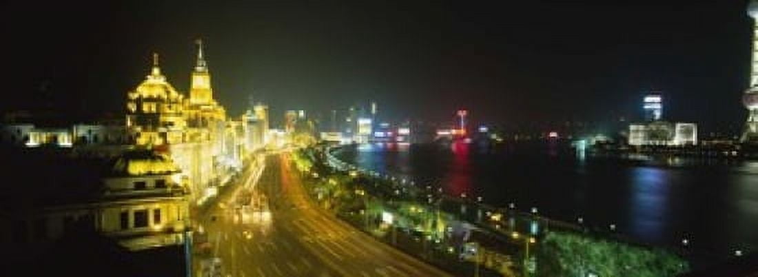 Buildings Lit Up At Night The Bund Shanghai China Canvas Art - Panoramic Images (18 x 7)