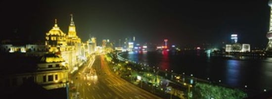 Buildings Lit Up At Night The Bund Shanghai China Canvas Art - Panoramic Images (36 x 13)