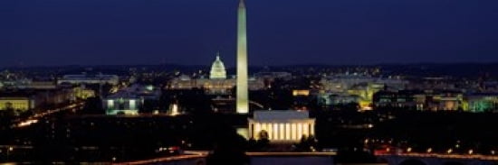 Buildings Lit Up At Night Washington Monument Washington DC District Of Columbia USA Canvas Art - Panoramic Images (18 x 6)