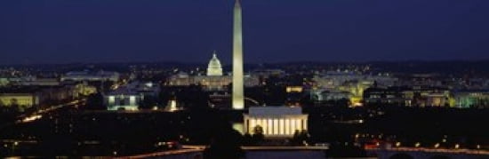 Buildings Lit Up At Night Washington Monument Washington DC District Of Columbia USA Canvas Art - Panoramic Images (36 x 12)