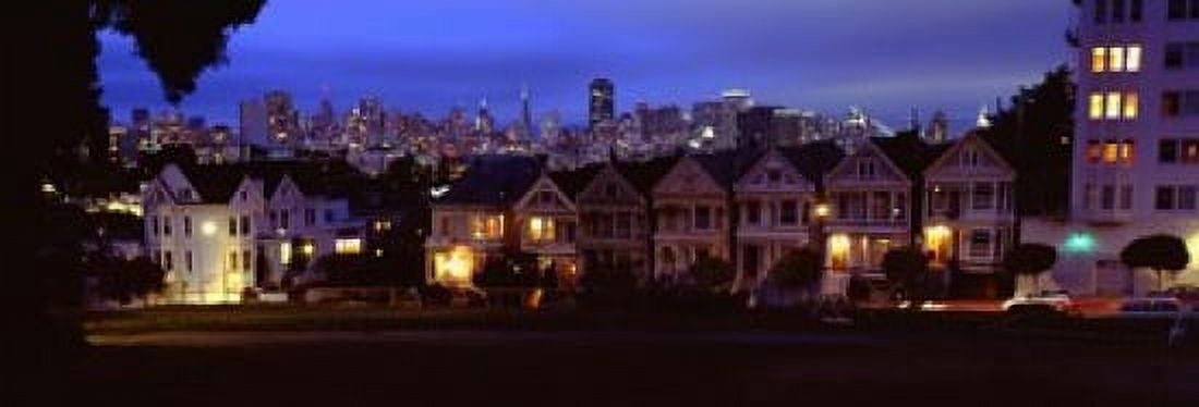 Buildings Lit Up Dusk Alamo Square San Francisco California USA Canvas Art - Panoramic Images (18 x 7)