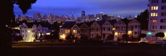 Buildings Lit Up Dusk Alamo Square San Francisco California USA Canvas Art - Panoramic Images (36 x 13)