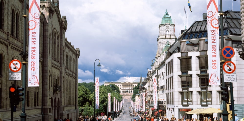 Buildings along a street with Royal Palace in the background Karl Johan Street Oslo Norway Canvas Art - Panoramic Images (27 x 9)