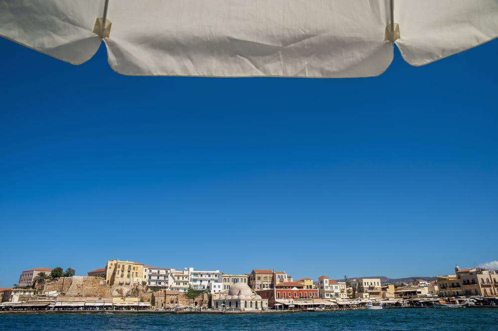 Buildings along the harbour Chania Crete Greece Canvas Art - Dosfotos Design Pics (38 x 24)