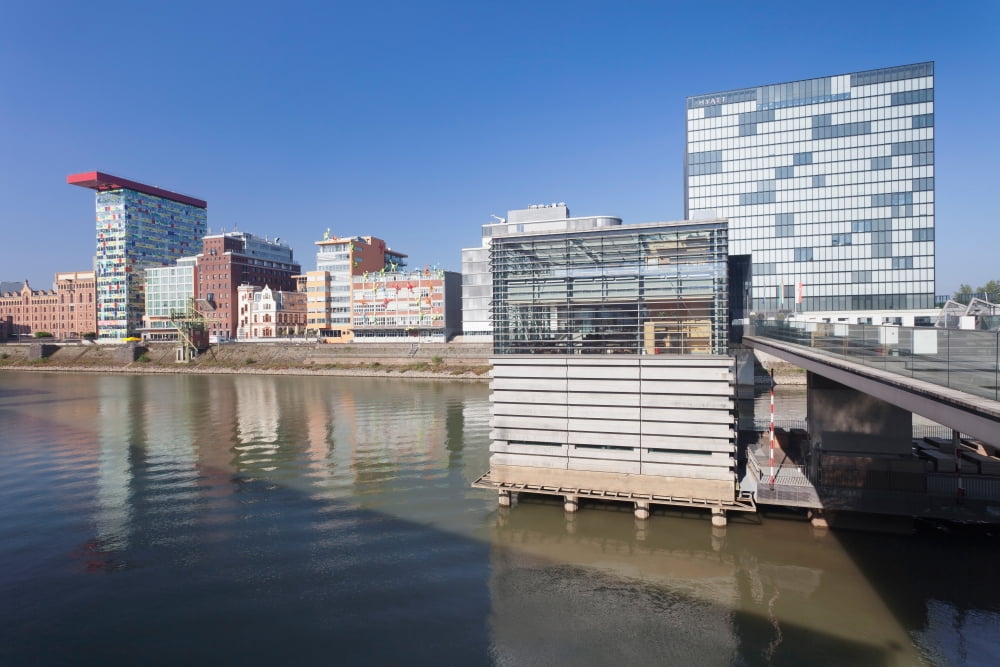 Buildings at a harbor Cubana Cocktailbar Hyatt Hotel Media Harbour Dusseldorf North Rhine Westphalia Germany Canvas Art - Panoramic Images (27 x 9)