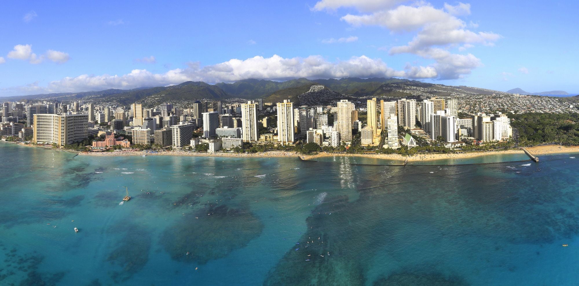 Buildings at beachfront Waikiki Honolulu Oahu Hawaii USA Canvas Art - Panoramic Images (27 x 9)