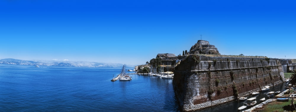 Buildings at the waterfront Corfu Ionian Islands Greece Canvas Art - Panoramic Images (36 x 12)