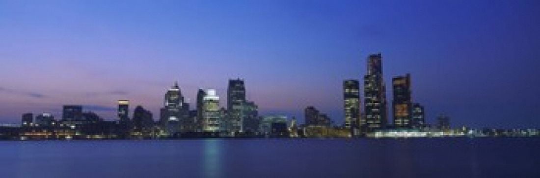 Buildings at the waterfront Detroit Michigan USA Canvas Art - Panoramic Images (18 x 6)