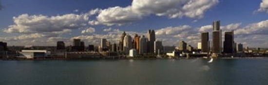 Buildings at the waterfront Detroit River Detroit Wayne County Michigan USA Canvas Art - Panoramic Images (36 x 12)